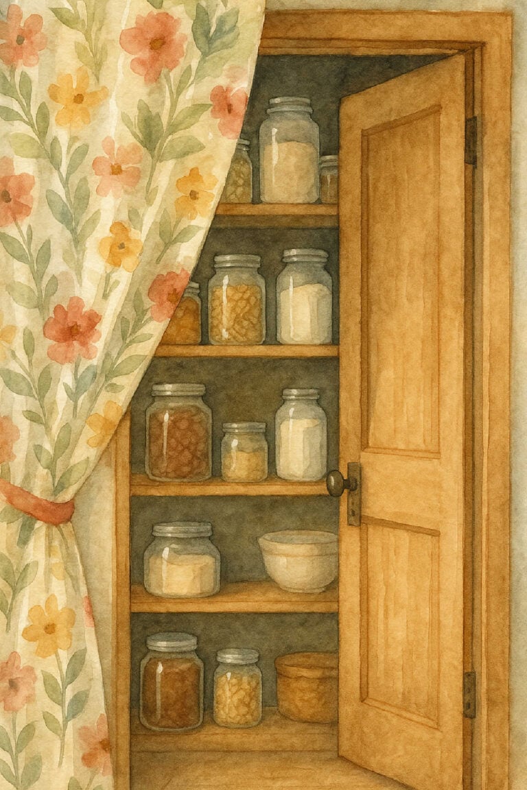 curtain showing pantry shelves behind wooden doors.