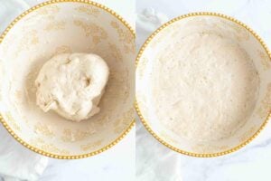 A bowl with mixed dough on the left and the same bowl with the risen dough on the right.