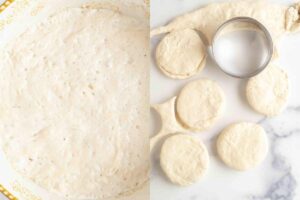 The same bowl showing the dough sprinkled with baking soda and dough cut into rounds on the right.