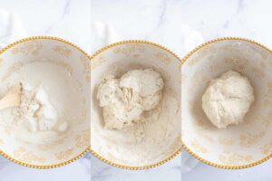 Three steps of dough preparation in a bowl: initial mixing on the left, mid-mixing in the center, and a fully mixed dough ball on the right.