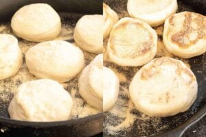 A cast-iron skillet with uncooked dough rounds on the left, and the rounds flipped showing a golden-brown crust on the right.
