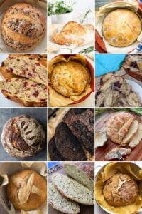 A collage of twelve Dutch oven bread recipes, featuring golden crusts, seeded loaves, fruit-filled bread, and artisan-style sourdough.