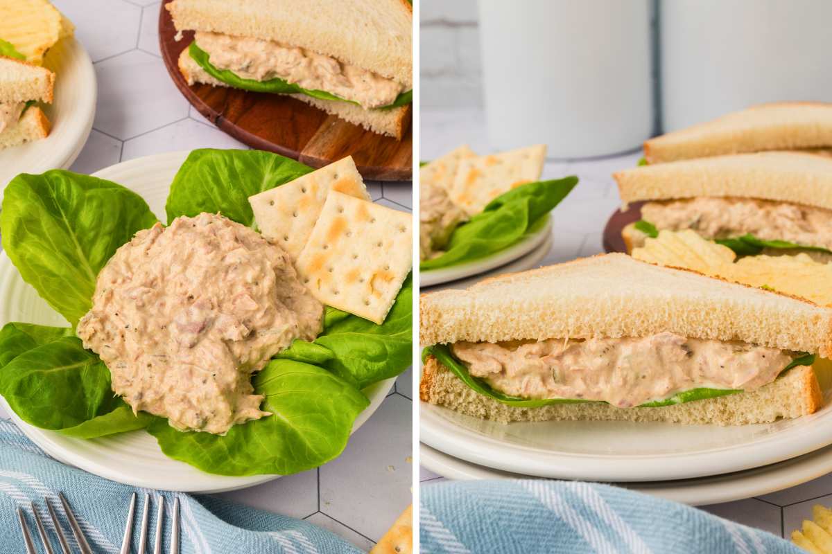 tuna salad served on bed of lettuce with crackers, and served as sandwich.