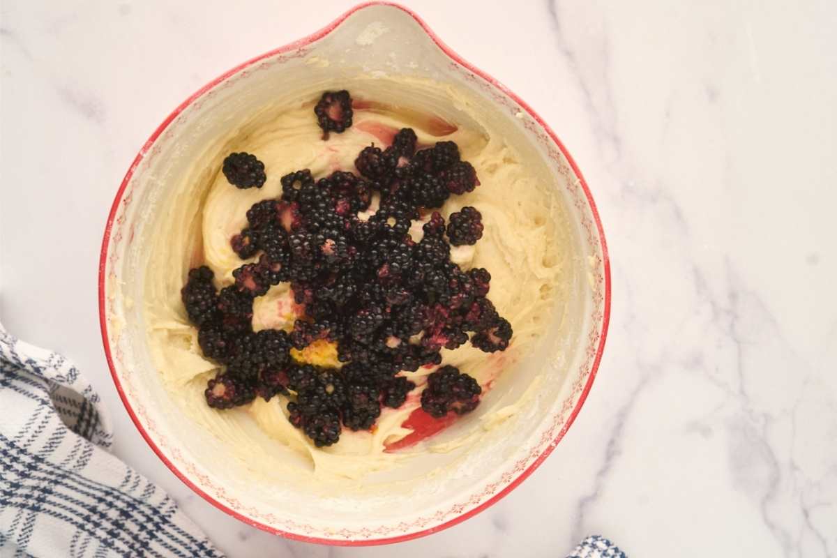 blackberries on top of mixing bowl.
