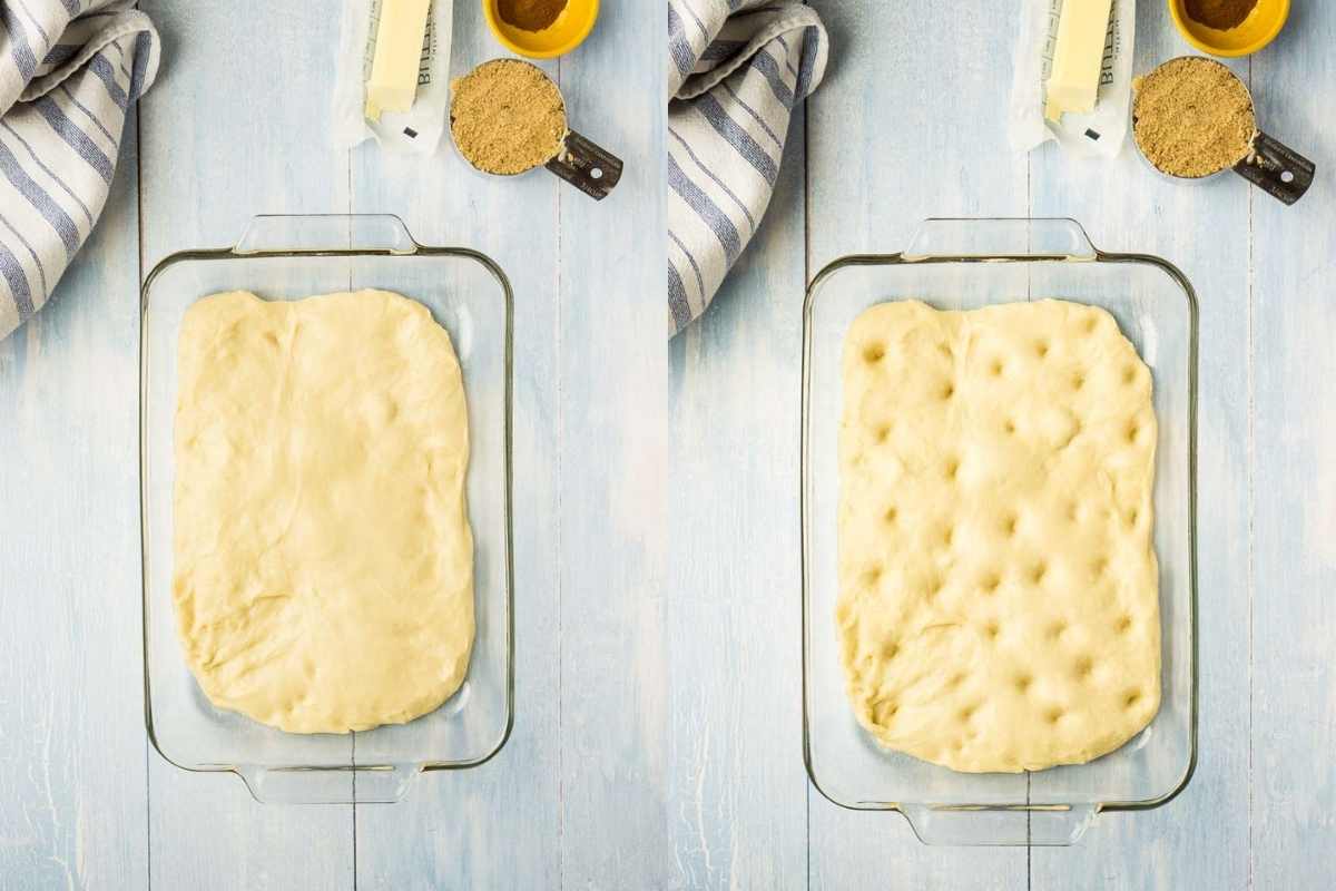 Dough stretched to fit in a glass baking dish, before and after being dimpled.