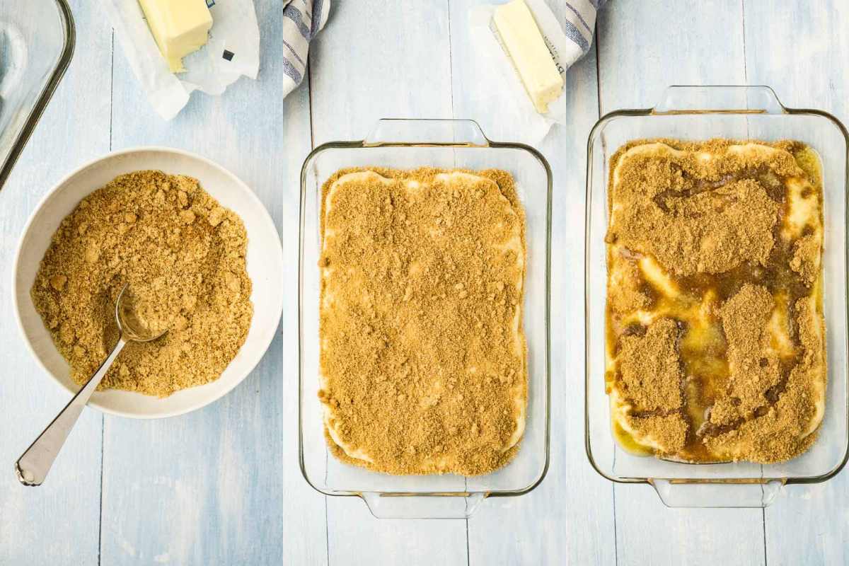 A glass baking dish with dough topped with brown sugar cinnamon mixture, before and after melted butter is added.