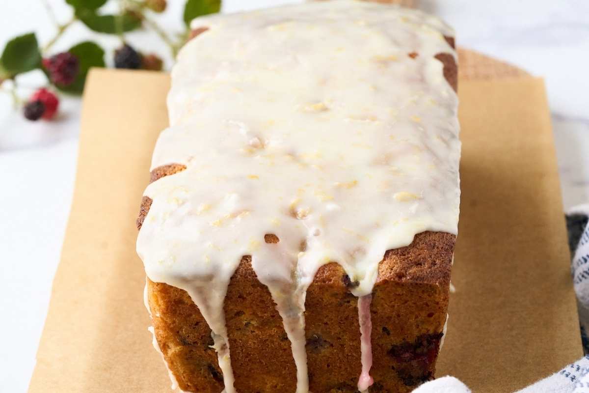 whole glazed cake on parchment.