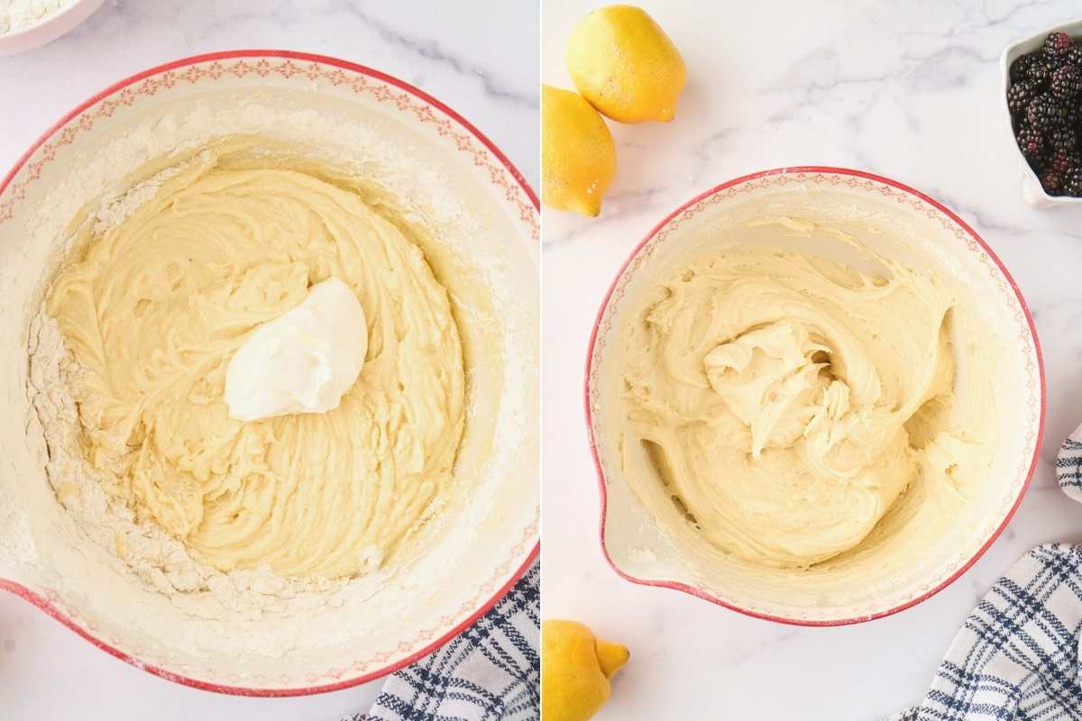 split image showing sour cream being added to cake batter and fully finished thick batter.