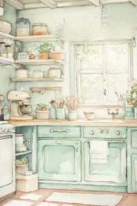 blue country kitchen in sunlight.