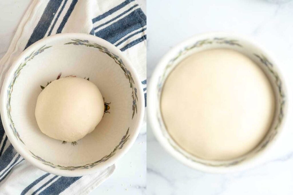 dough ball in bowl before an after rising.