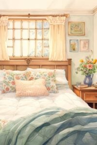 springtime watercolor with bedroom and flowers