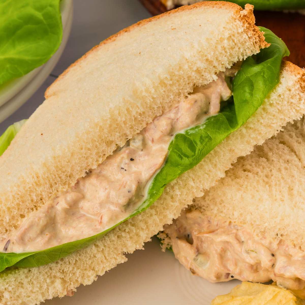 tuna salad sandwich on plate.