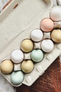 A variety of colorful farm-fresh eggs in hues of brown, white, blue, and speckled patterns neatly arranged in a cardboard egg carton on a rustic wooden table with a floral-patterned cloth in the background