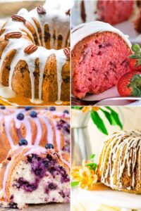 A collage of four bundt cakes: one with a creamy glaze and pecans, another pink with strawberries, a third drizzled with blueberry icing and topped with fresh blueberries, and a fourth with an intricate white drizzle.