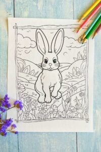 blue wood surface with printed out bunny coloring page.