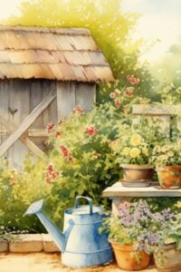 vintage garden bench with watering can