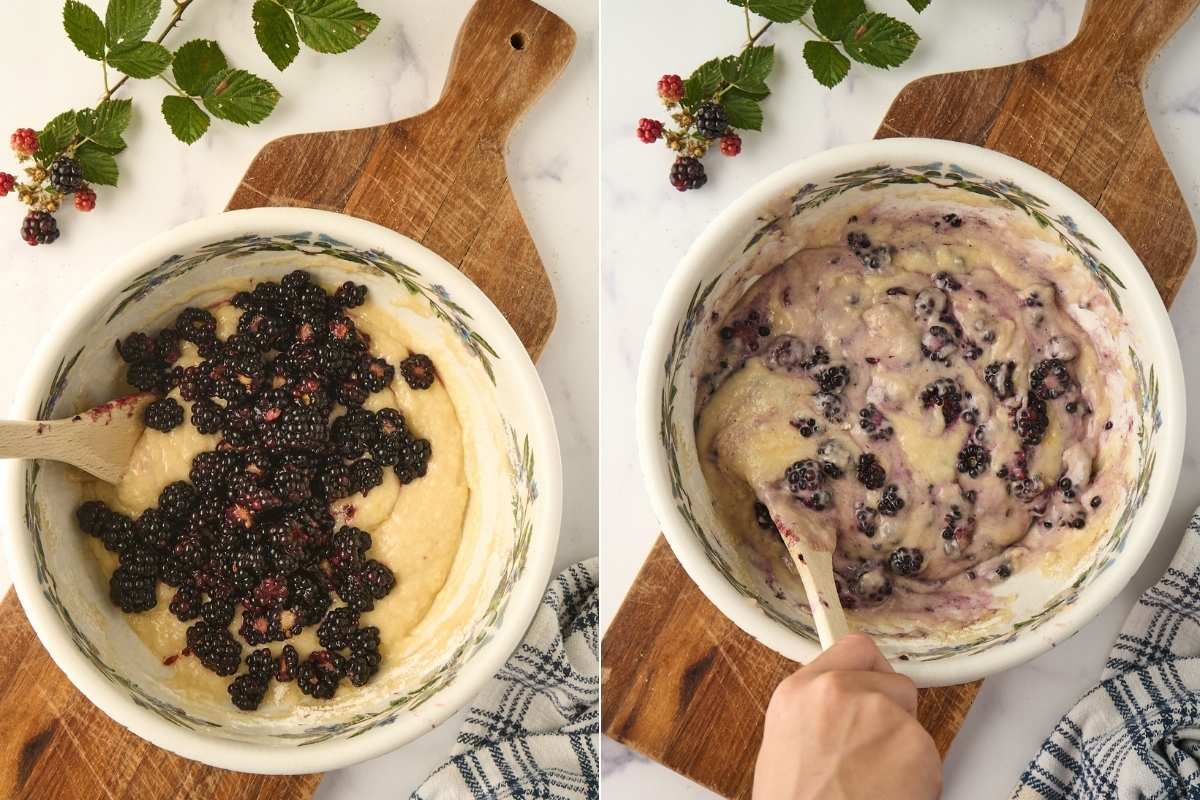 split image of muffin batter before and after mixing in blackberries