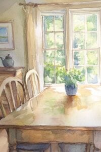 dining table in front of white curtains.