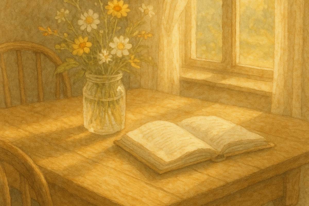 Open book and jar of wildflowers on wooden table by window.