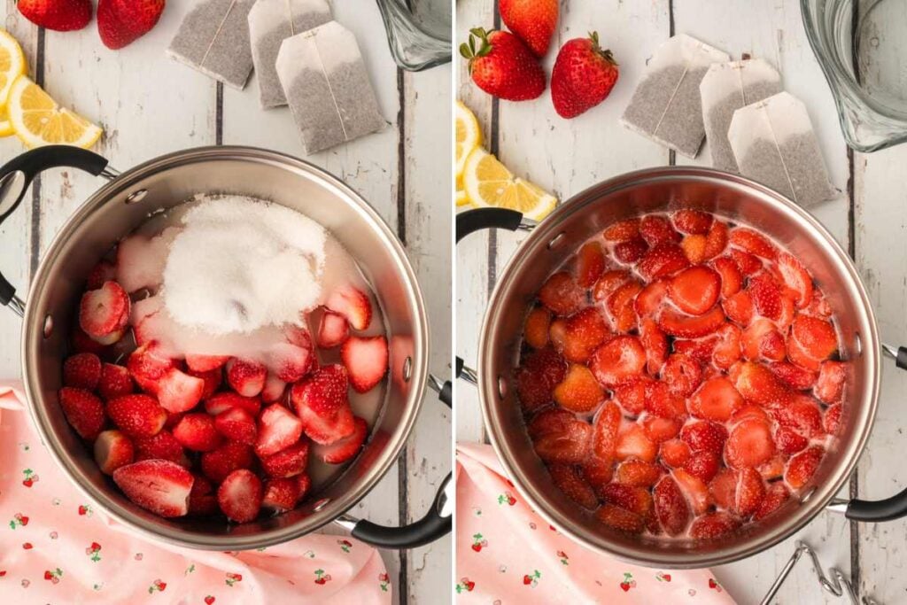 strawberries and sugar cooking in pot.