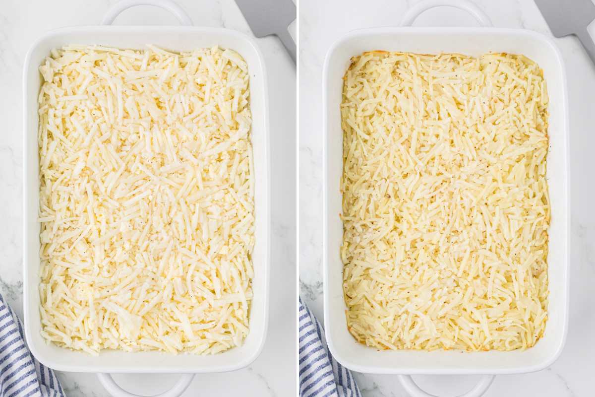 Unbaked casserole dish filled with shredded hash browns and sprinkled with grated cheese before cooking.