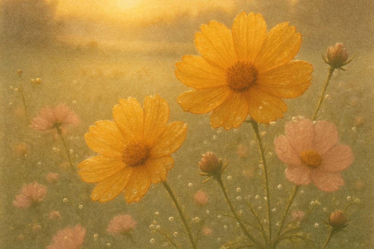 Delicate cosmos flowers in golden yellow and soft pink catching the misty early morning sunlight in a meadow.