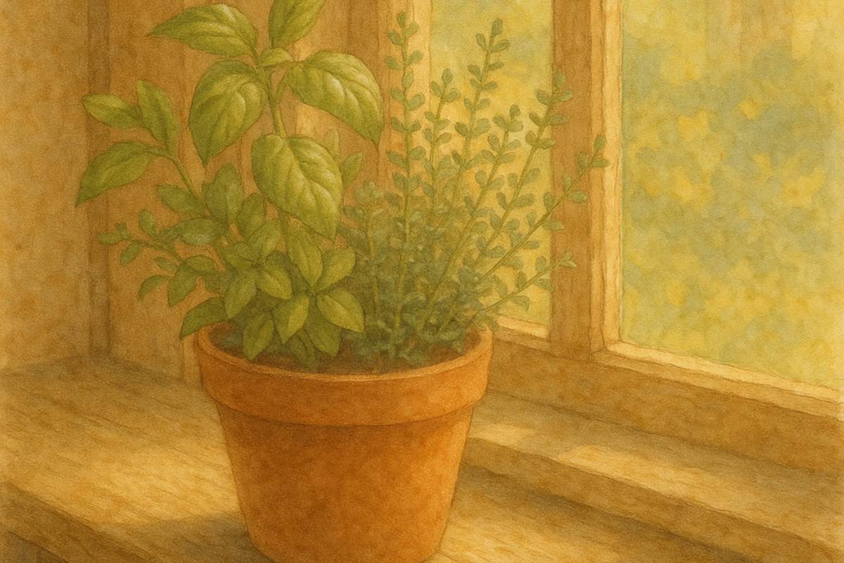 Basil and thyme in a terra cotta pot on wooden windowsill.