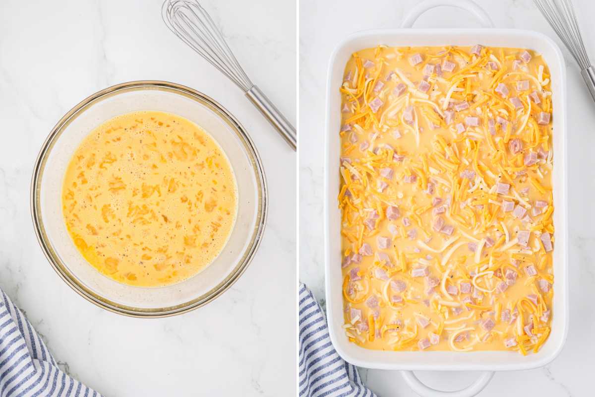 A bowl of mixed egg batter next to the casserole dish before the egg mixture is poured over the ingredients.