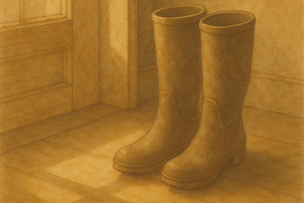 A pair of rain boots standing by a wooden door, bathed in soft golden morning light casting long shadows across the floor