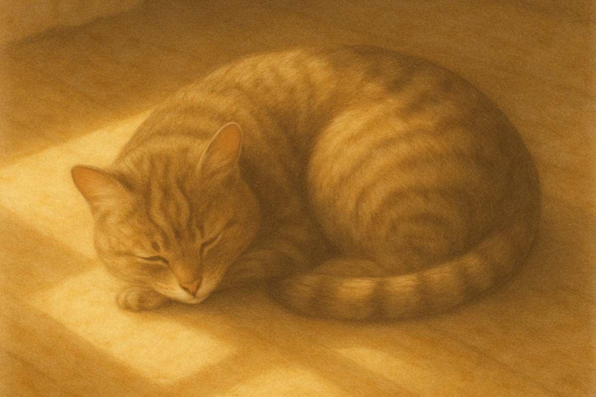 A ginger tabby cat curled up asleep in a warm patch of golden morning sunlight streaming across a wooden floor.