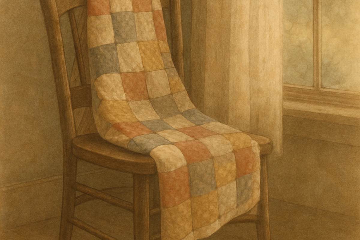 Patchwork quilt draped over a wooden chair next to a window.