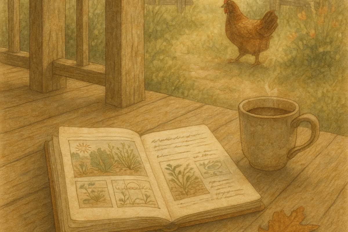 Open book and mug of coffee on wooden porch with chicken nearby.
