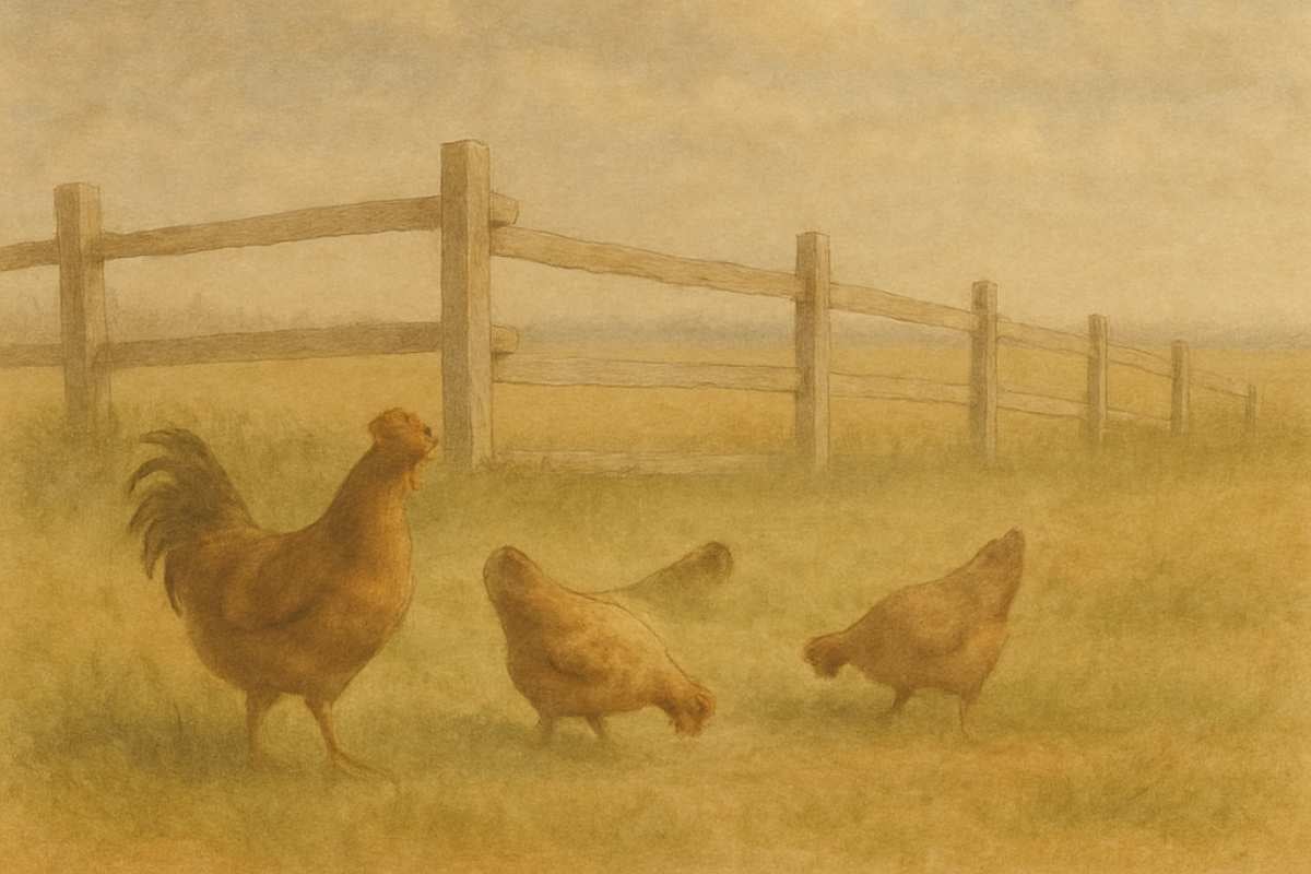 Chickens walking in grass near a wooden fence.