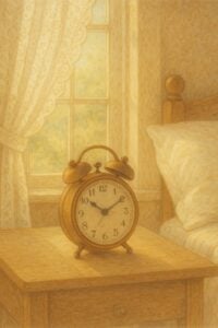 An antique alarm clock showing the time on a wooden bedside table, next to a neatly made bed with white linens, with soft morning light filtering through lace curtains.