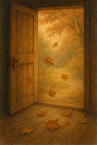 A wooden door opening to reveal autumn outside, with maple leaves gently falling through the doorway.