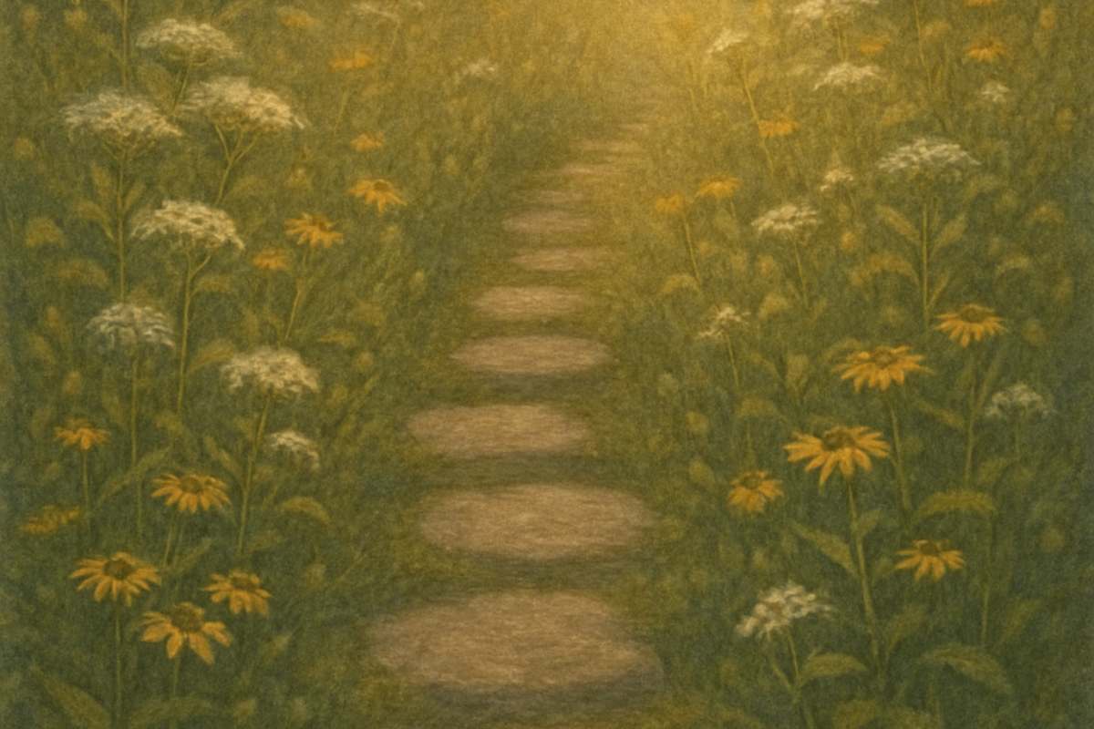 A sunlit garden path made of stepping stones winding through tall wildflowers, including black-eyed Susans and Queen Anne's lace.