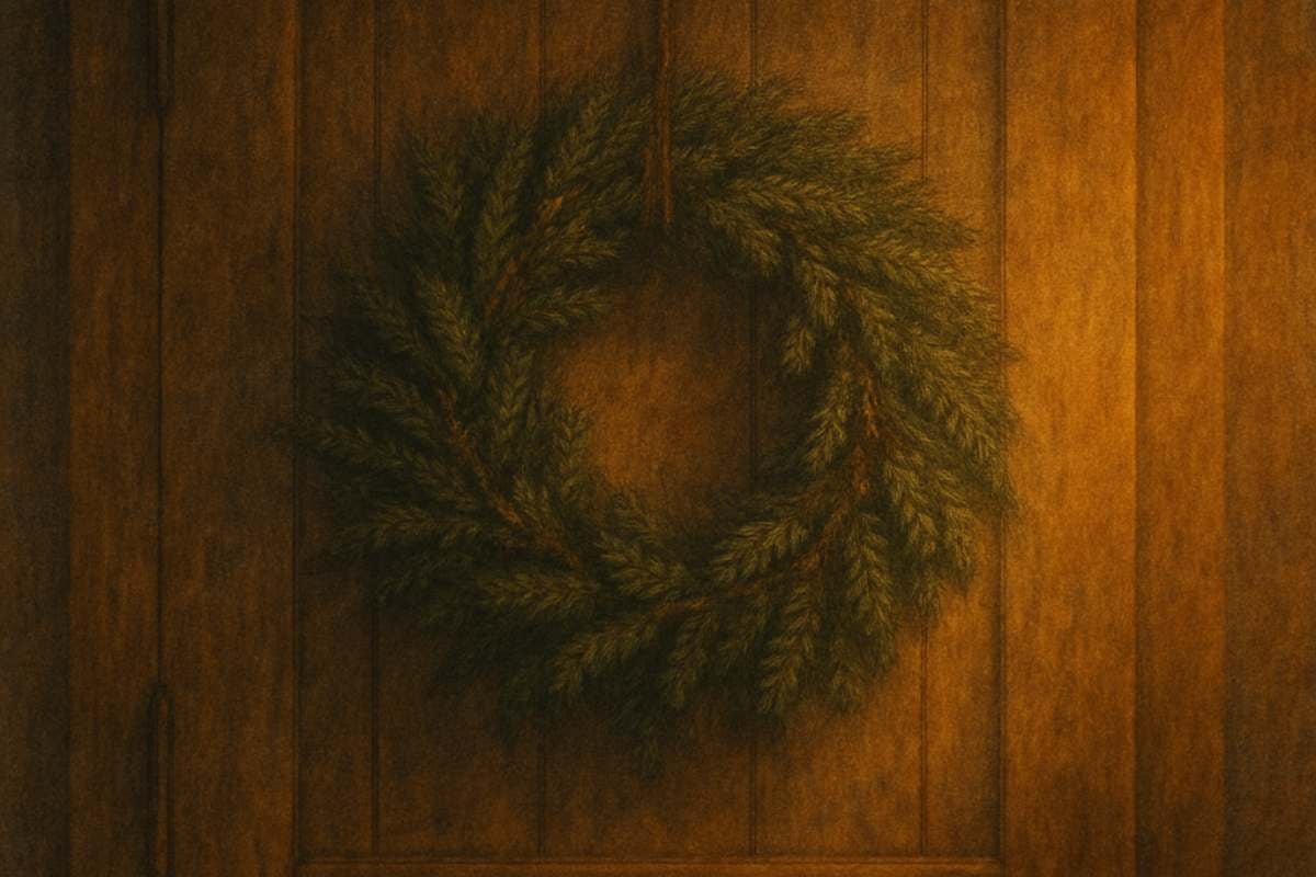 A simple evergreen wreath hanging on warm wooden paneling, captured in a minimalist style.