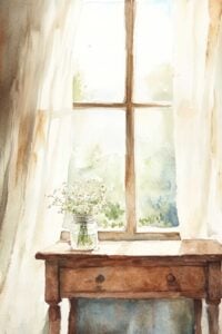 Watercolor painting of a simple wooden table with a mason jar.