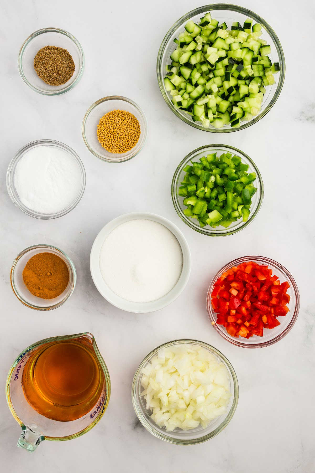 measured ingredients in bowls on counter.