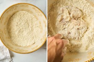 A bowl filled with seasoned flour, followed by a separate image showing chicken pieces being coated with the flour mixture, preparing for frying.