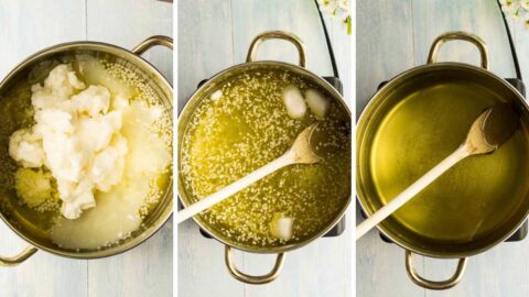 A triptych of images displaying different stages of soap-making in a pot. From left to right: melting solid oils, oils mixed with lye creating a grainy texture, and the final stage where the mixture has become homogenous and smooth, indicating readiness for molding.