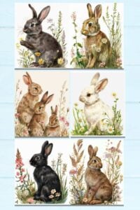 mockup of different kinds of bunnies on printable pages on a wooden background