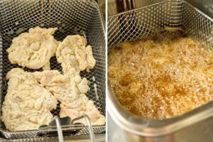 A metal deep fryer basket containing flour-coated chicken pieces, next to an image showing the chicken pieces deep frying in hot oi