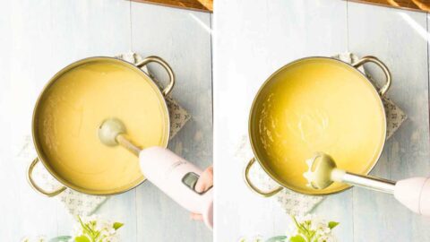 Two images side by side: On the left, a stick blender is immersed in a pot of creamy soap batter, indicating the mixing process. On the right, the soap batter has reached a lighter color and thicker trace, ready to be poured into molds.