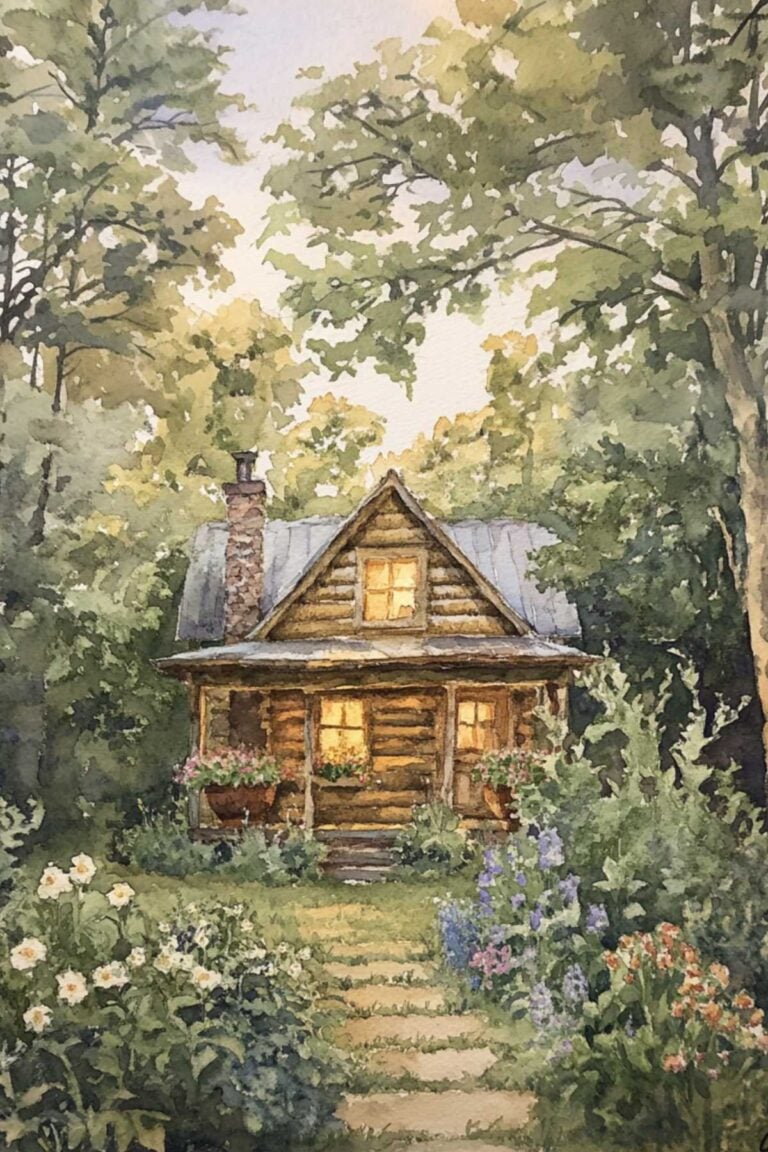 cozy cabin scene in the woods.