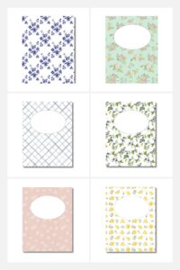 collection of 6 different coloured and patterned binder covers.