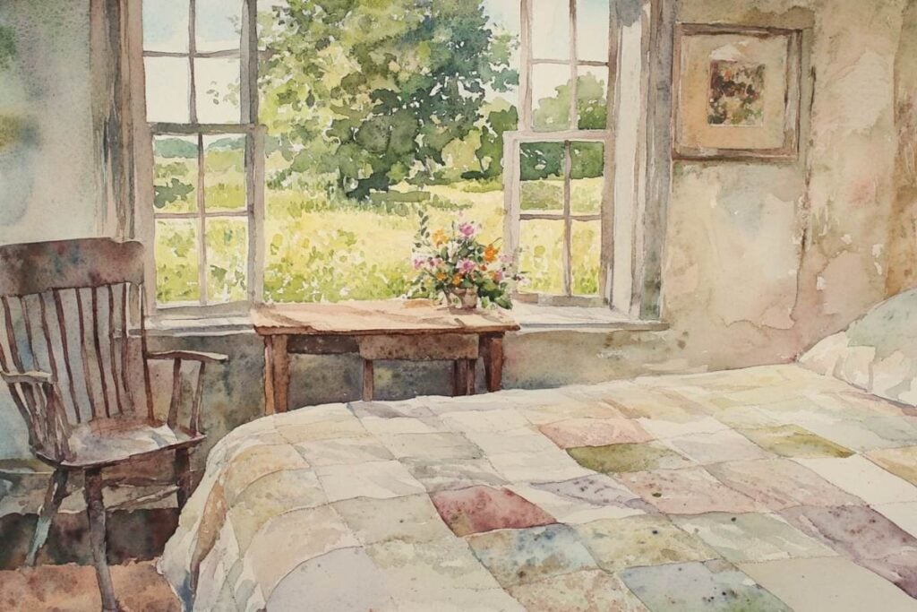 table under window with flowers.