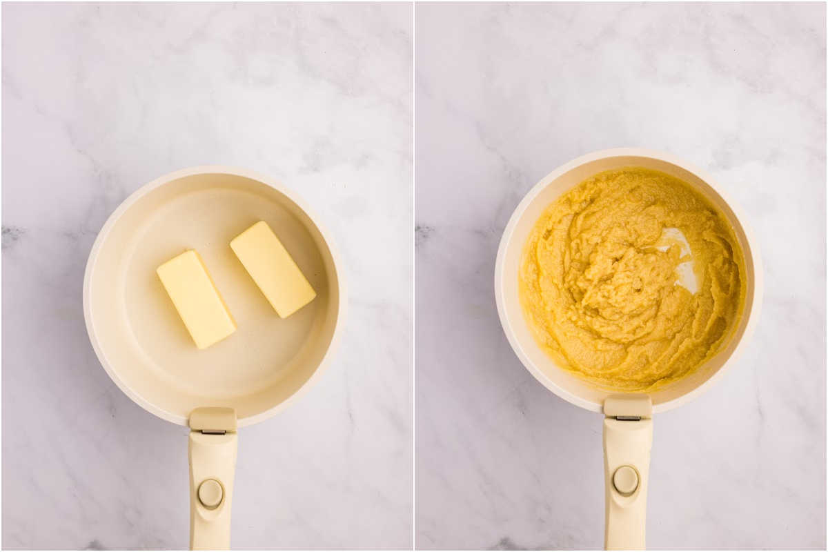 A two-part image showing butter in a pot on the left and the roux formed after mixing butter and flour on the right.