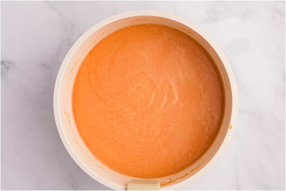 The pot now showing the finished smooth, creamy tomato soup concentrate ready for canning.