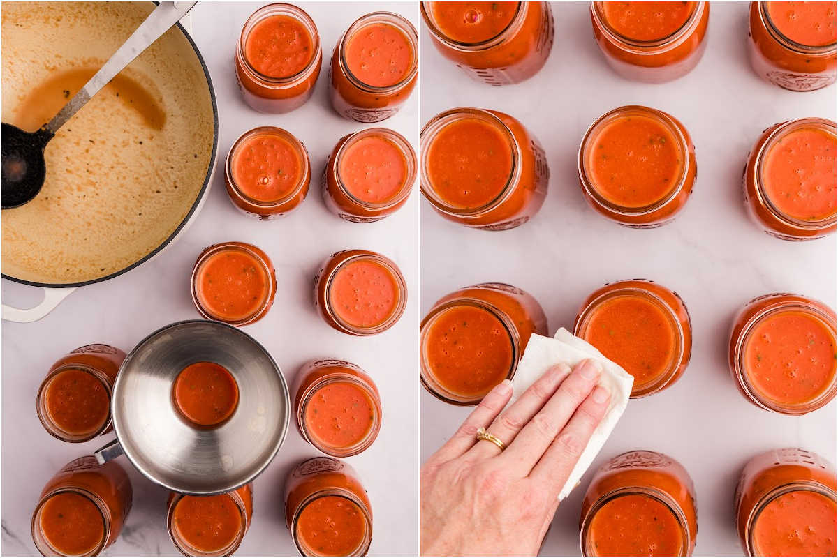 A two-part image displaying the process of ladling the tomato soup concentrate into jars and then wiping the jar rims.